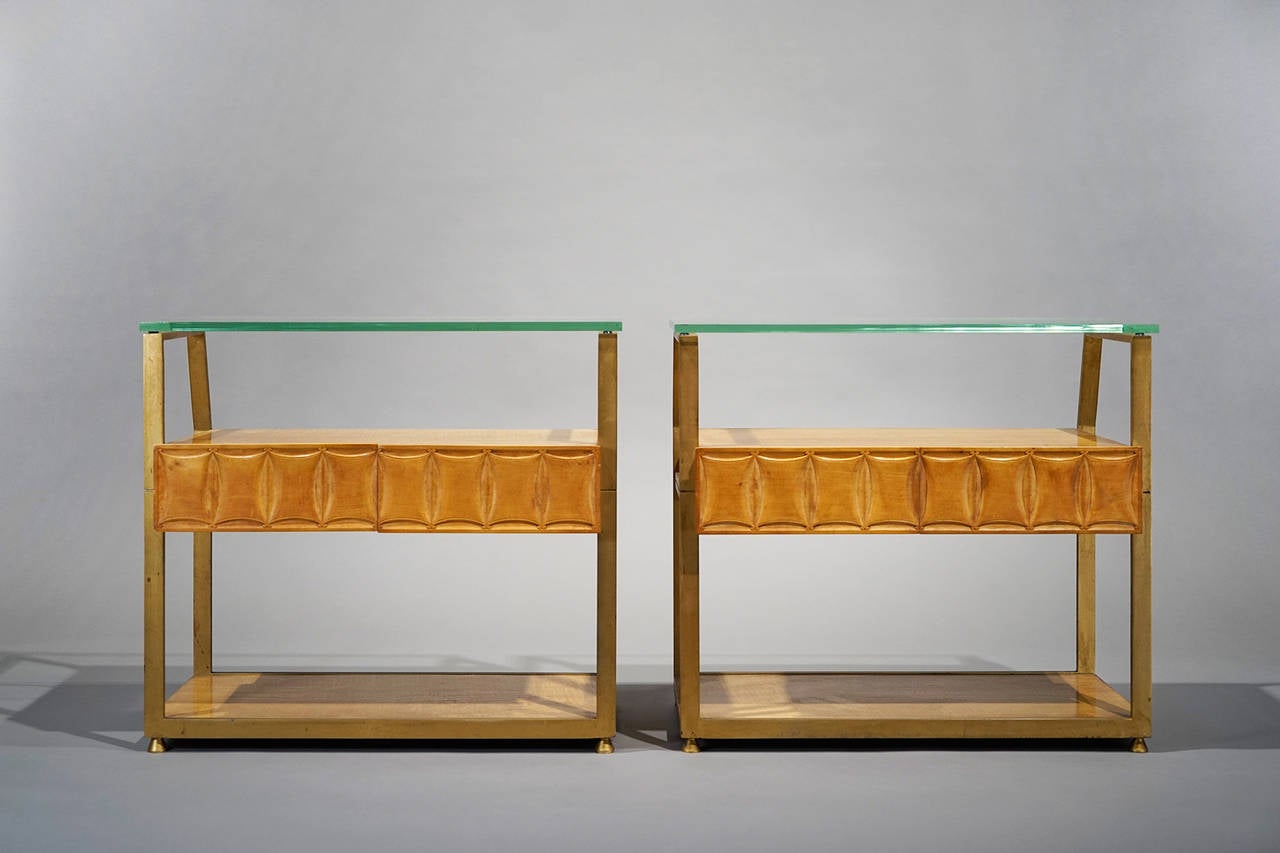 Nightstands by Mobile di Cantú, Italy, circa 1955.

The depth of the drawers is 32,5 cm
The construction on the bottom has a depth of 29 cm
and the depth of the glass is 26 cm