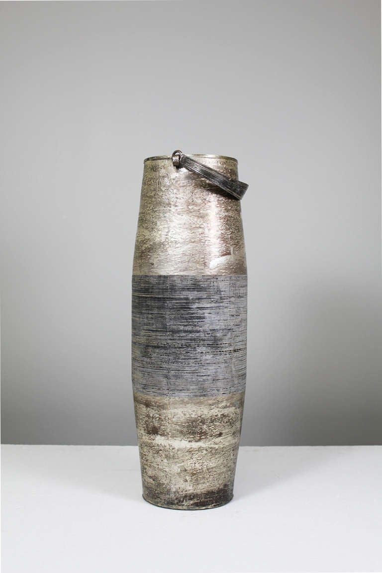 Monumental Studio Vase by Lorenzo Burchiellaro, Italy ca. 1970

patinated copper, hand soldered
incised vertical lines throughout, and incised signature underneath