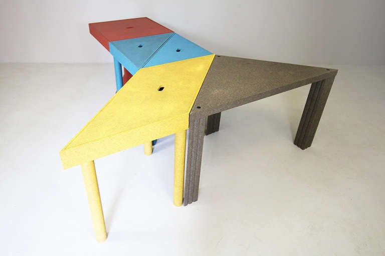 Five Tables "Tangram" by Massimo Morozzi, Cassina Italy 1983. 

Standing in a line, the dimension is H.73,5 L.240 cm D.60cm

Grey Brown L.120 D.60cm Red L.60 D.60 cm Blue L.60 W.60 D.42 cm Yellow L.83 W.60 D.60 cm