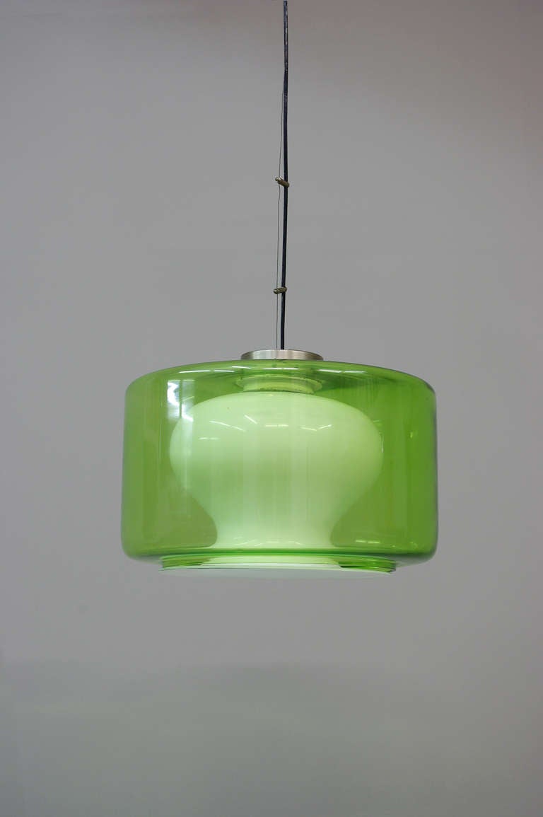 Pendant by Carlo Nason, A.V. Mazzega Murano, ca. 1970

2 blown forms one inside, 
opaline white & green