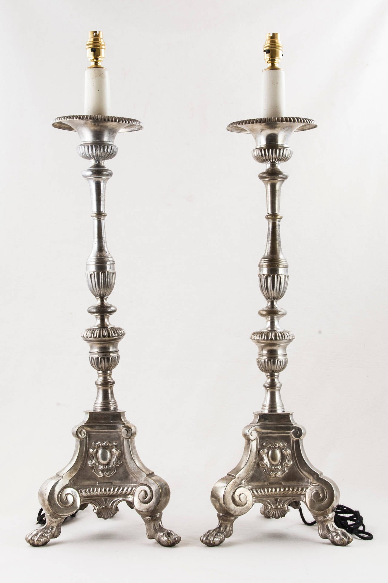 Pair of Large Antique French Silver Candlesticks Converted to Lamps at