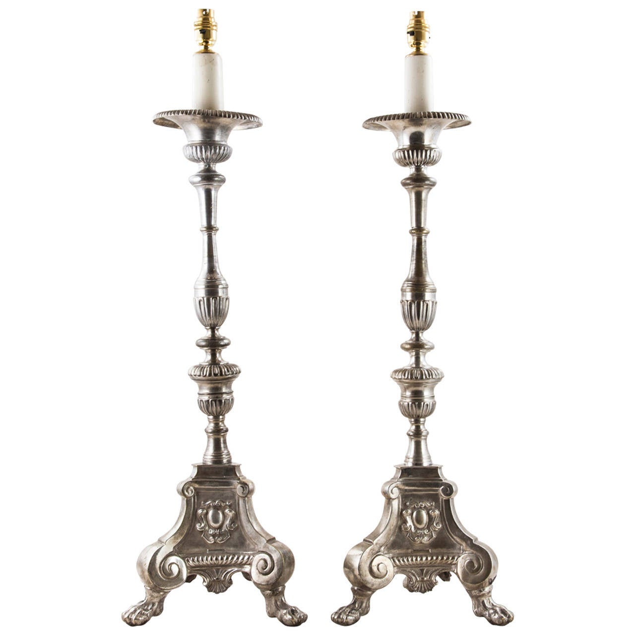 Pair of Large Antique French Silver Candlesticks Converted to Lamps at