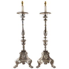 Pair of Large Antique French Silver Candlesticks Converted to Lamps