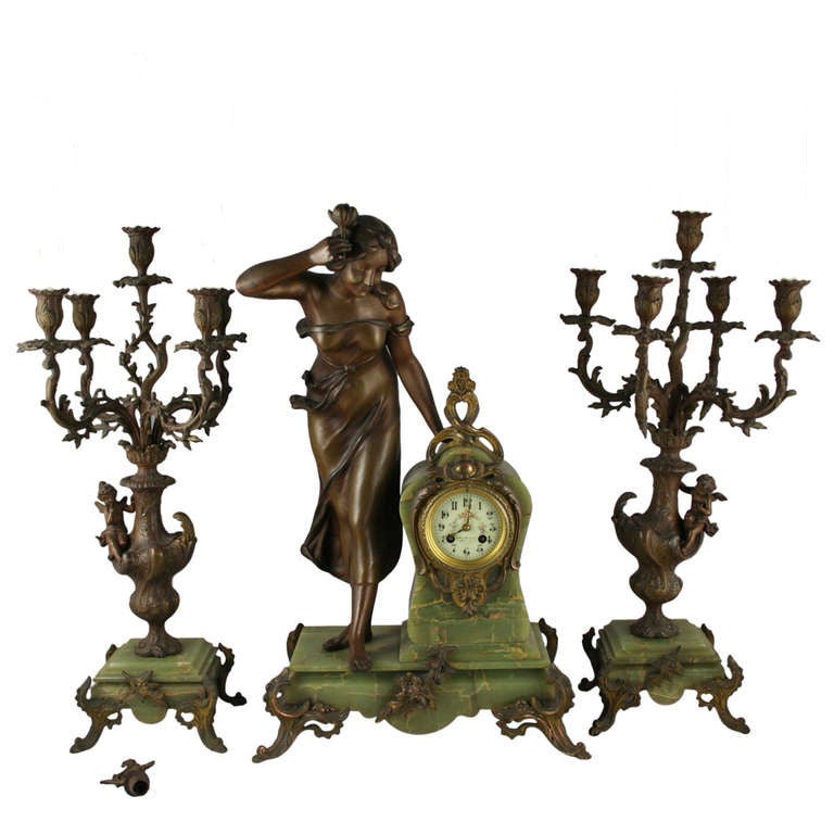 Bronze and Onyx Garniture de Cheminée