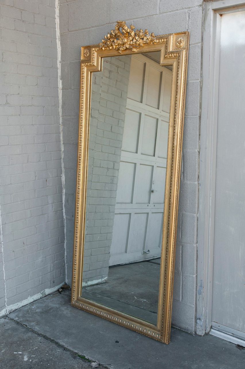 Gold Leaf Tall Gold Louis XVI Giltwood Full-Length Mirror with Crown of Ribbons