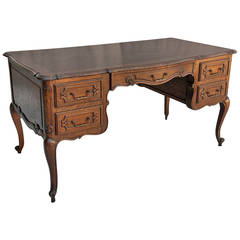 Hand-Carved Oak Louis XV Style Desk with Parquet Top and Five Drawers