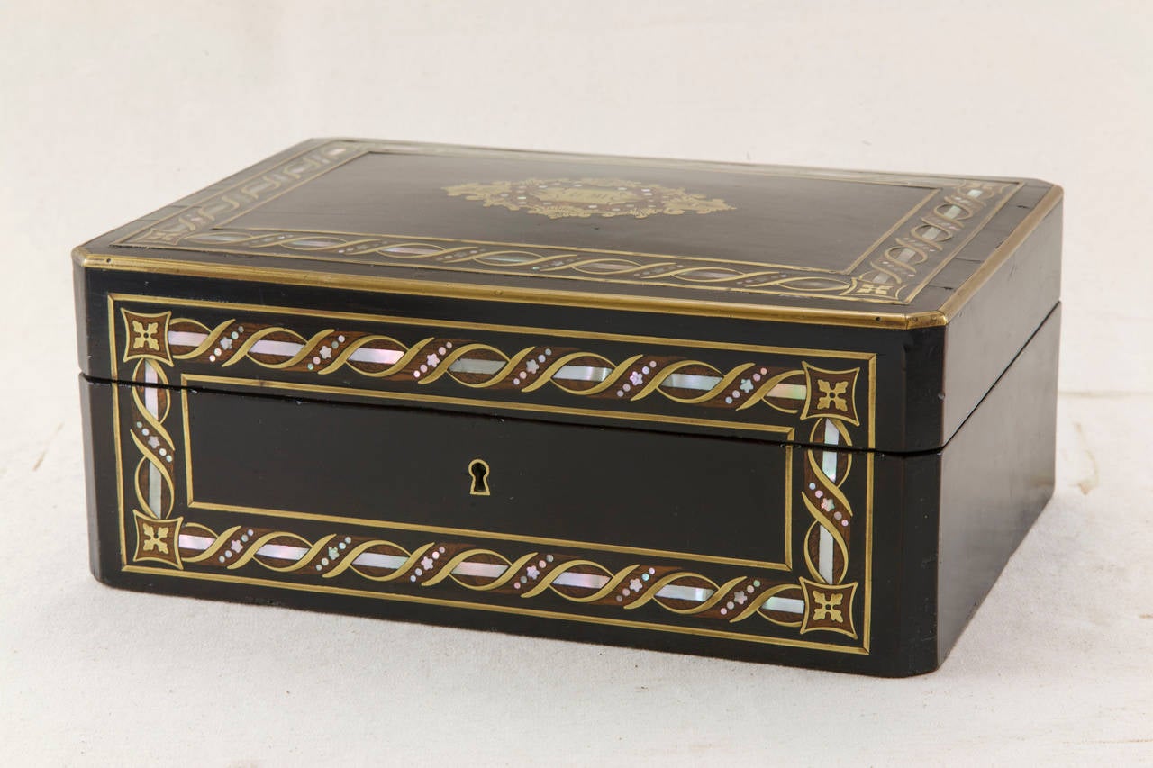 French Napoleon III Ebonized Marquetry Mother-of-Pearl and Bronze Box 1