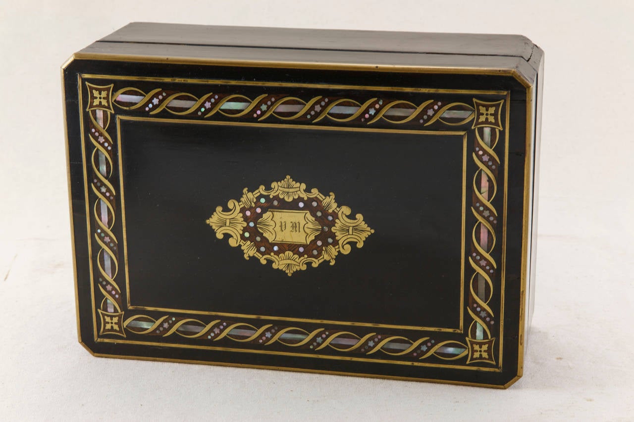 French Napoleon III Ebonized Marquetry Mother-of-Pearl and Bronze Box 2