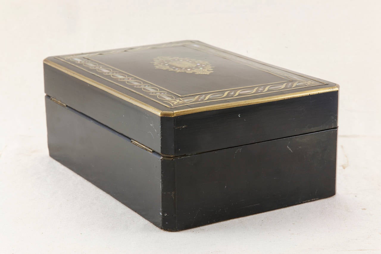 French Napoleon III Ebonized Marquetry Mother-of-Pearl and Bronze Box 3