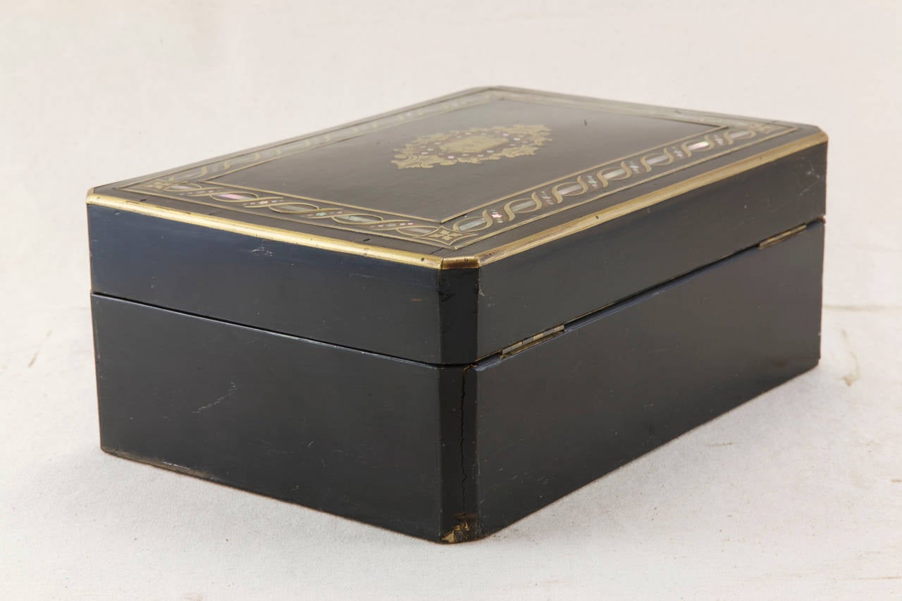 French Napoleon III Ebonized Marquetry Mother-of-Pearl and Bronze Box 4