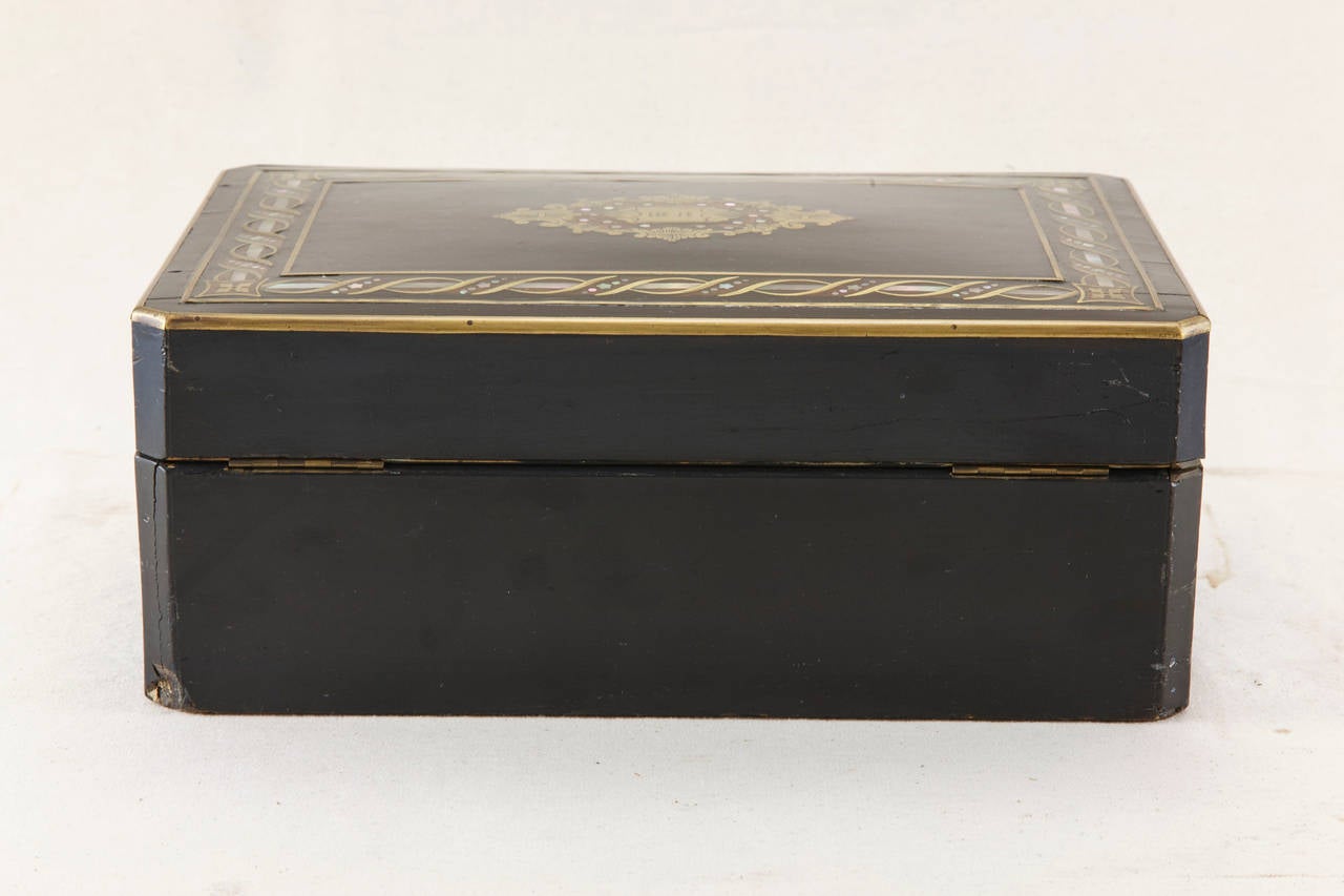 French Napoleon III Ebonized Marquetry Mother-of-Pearl and Bronze Box In Excellent Condition In Fayetteville, AR