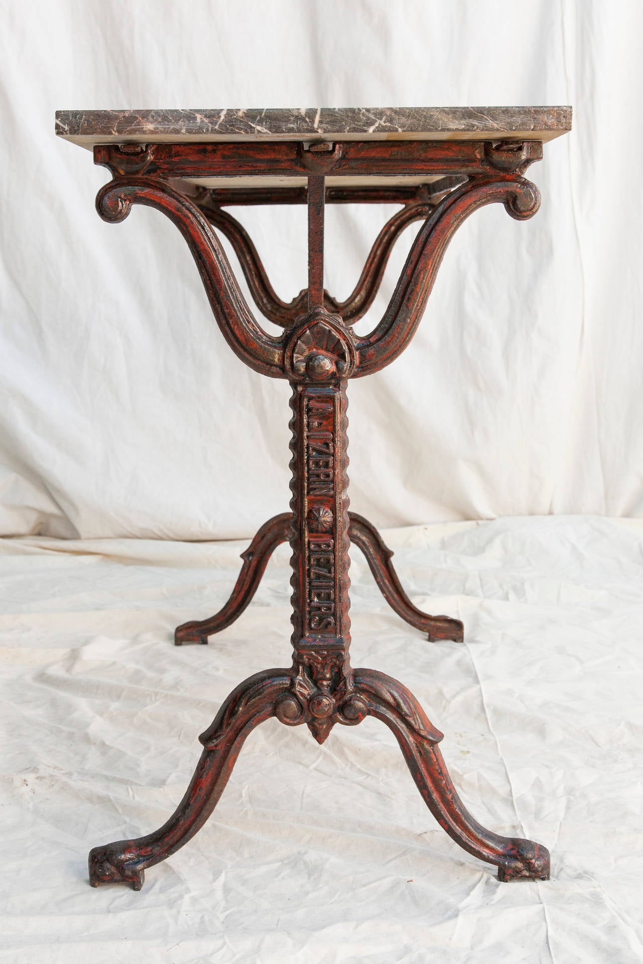 Red Iron Bistro Table or Console with Marble Top, circa 1900, Marked Beziers
