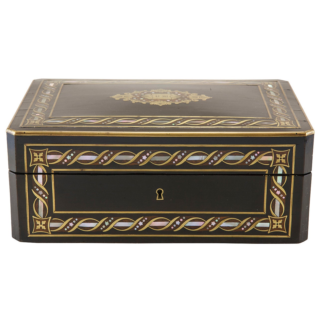 French Napoleon III Ebonized Marquetry Mother-of-Pearl and Bronze Box