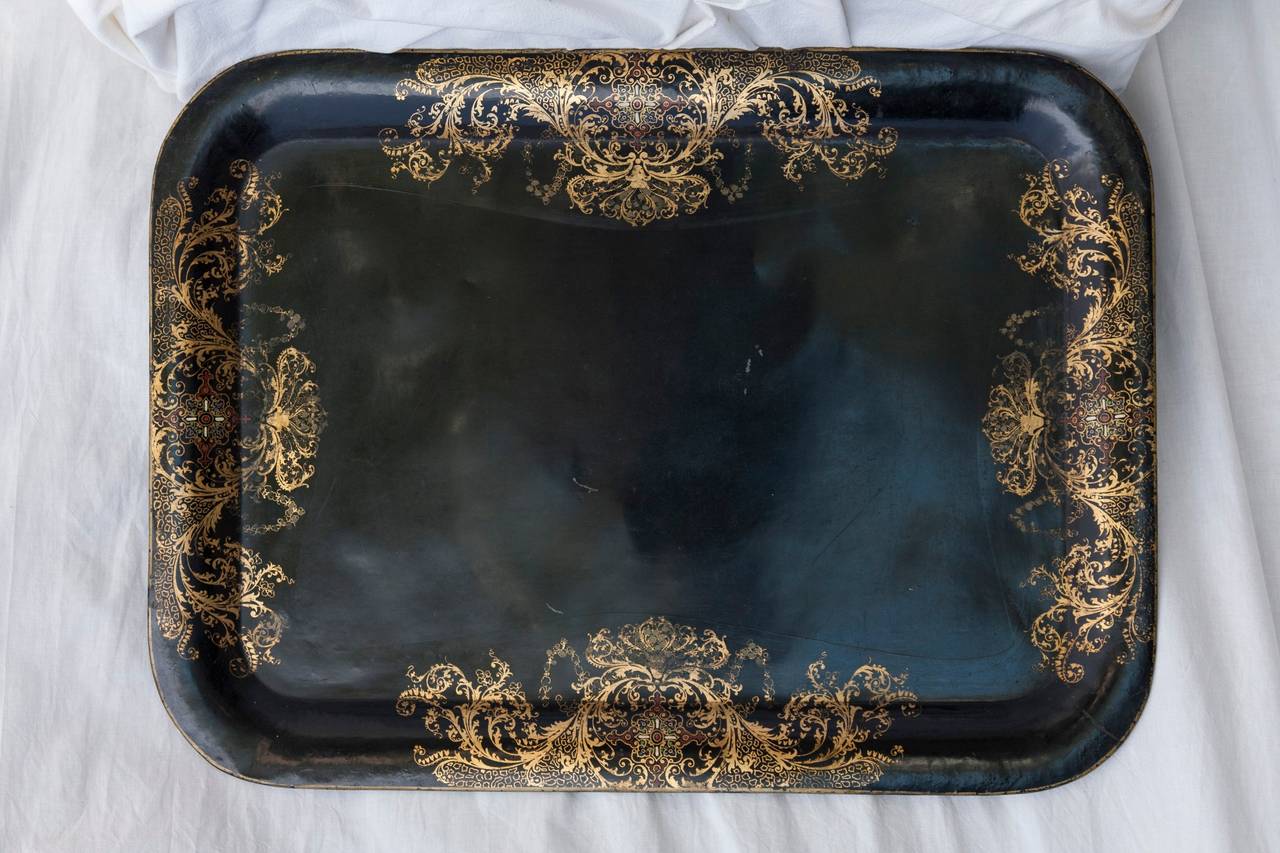 Napoleon III Black Tole Tray with Hand-Painted Gold Detailing, circa 1870 3