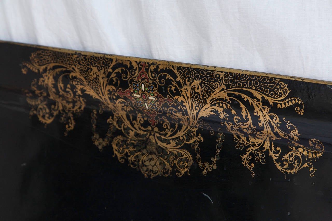 French Napoleon III Black Tole Tray with Hand-Painted Gold Detailing, circa 1870