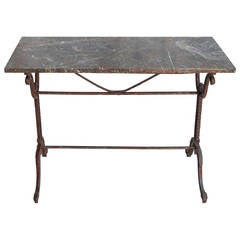 Antique Red Iron Bistro Table or Console with Marble Top, circa 1900, Marked Beziers