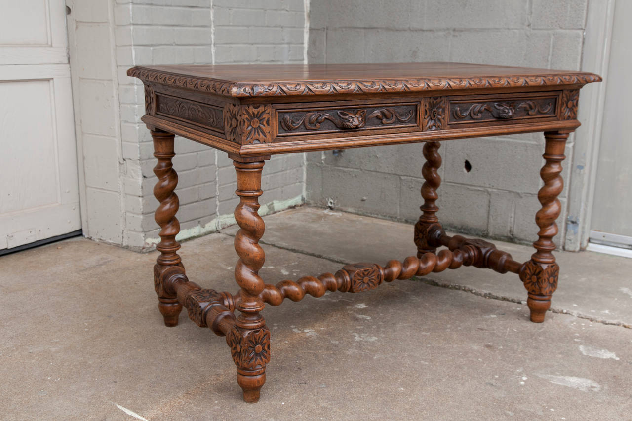 19th Century Louis XIII Hand-Carved Desk or Writing Table with Two Drawers 1