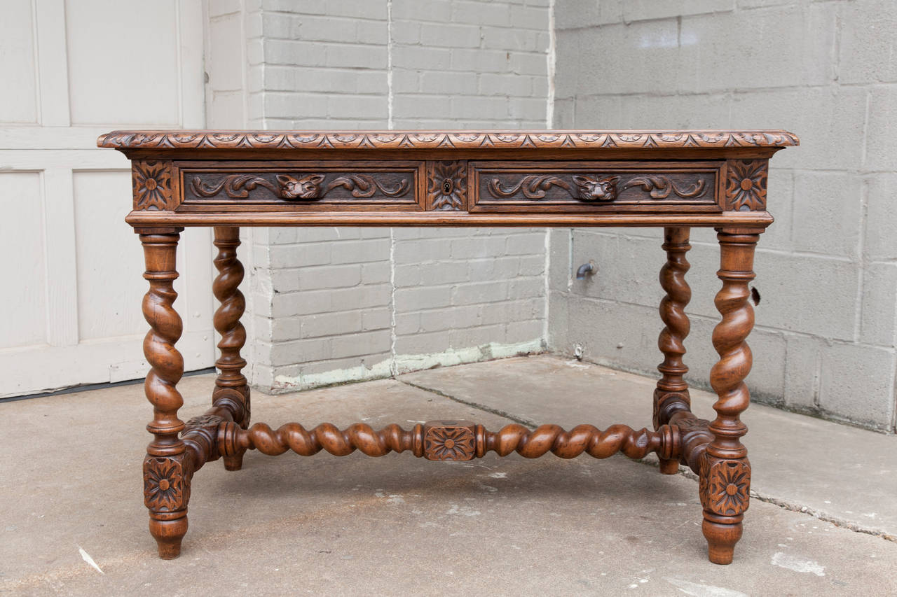 19th Century Louis XIII Hand-Carved Desk or Writing Table with Two Drawers In Excellent Condition In Fayetteville, AR