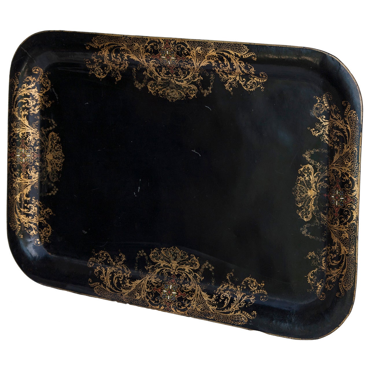 Napoleon III Black Tole Tray with Hand-Painted Gold Detailing, circa 1870