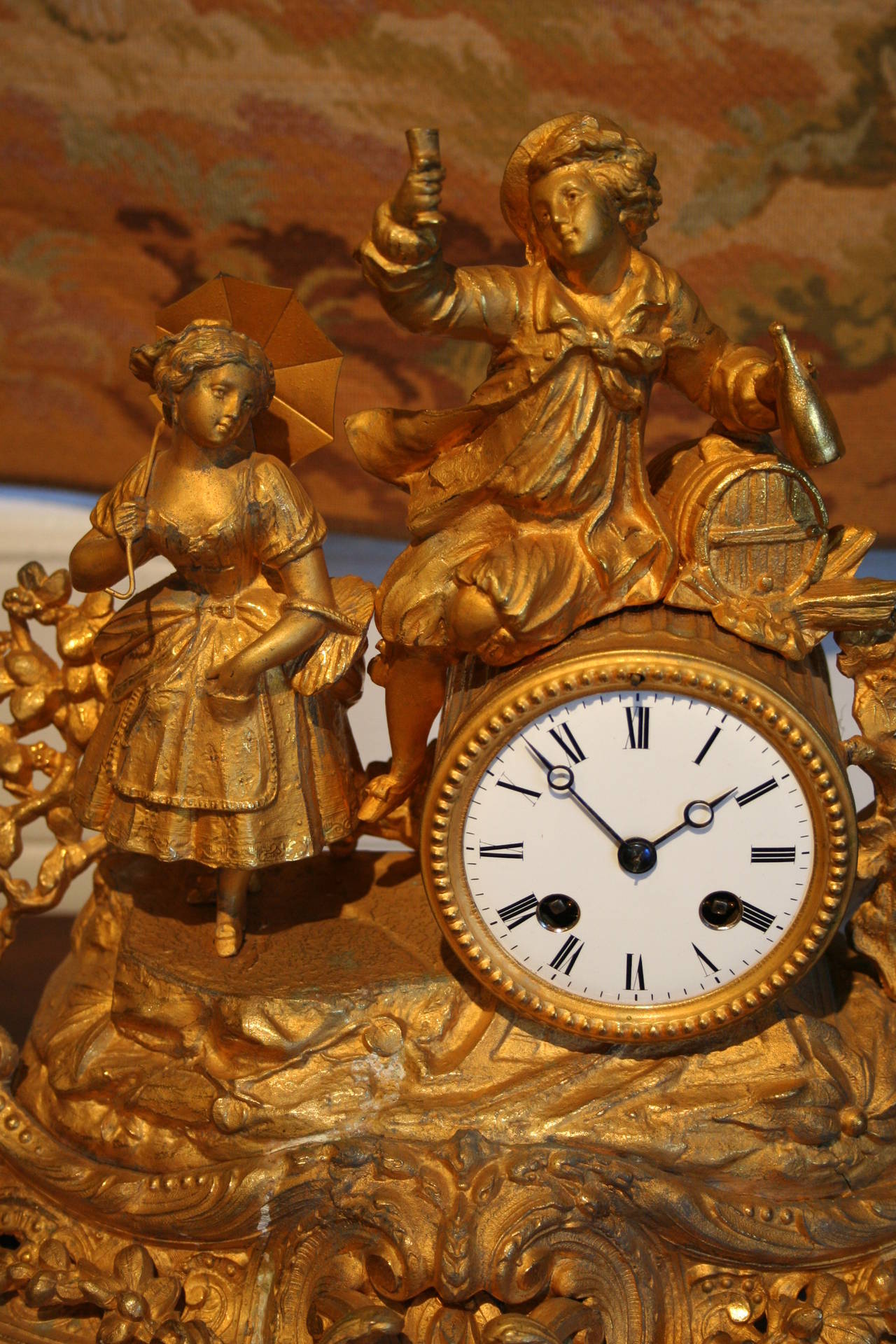 French Napoleon III Era Regule Doré Gilt Bronze Mantle Clock with Courting Couple