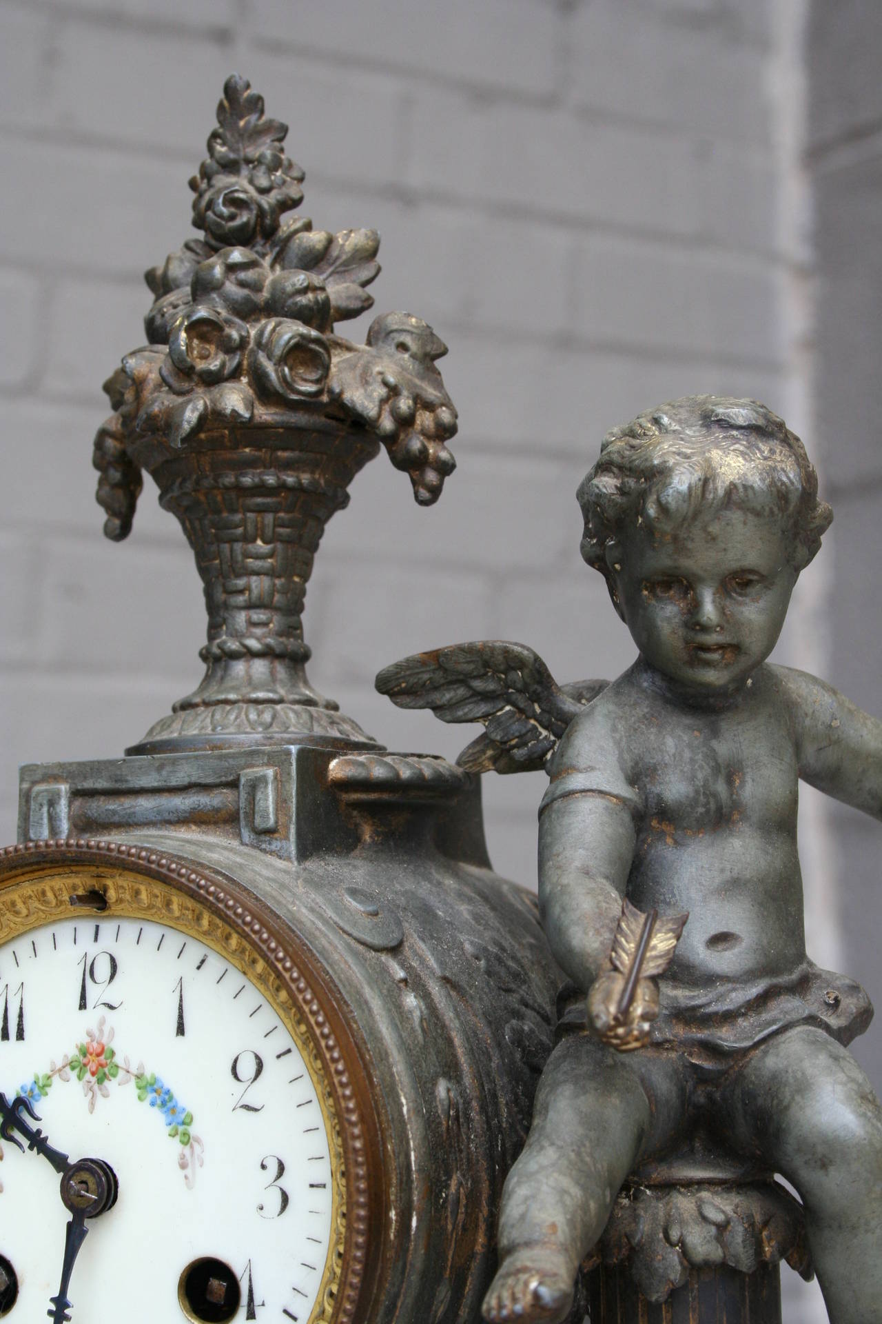 Bronze and Onyx Mantle Clock Featuring Cherub and Bouquet 3