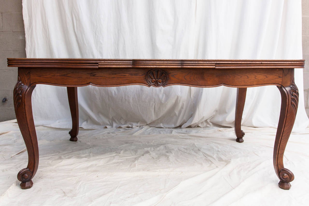 Hand-Carved French Draw-Leaf Table with Parquet Top and Beveled Edge In Excellent Condition In Fayetteville, AR