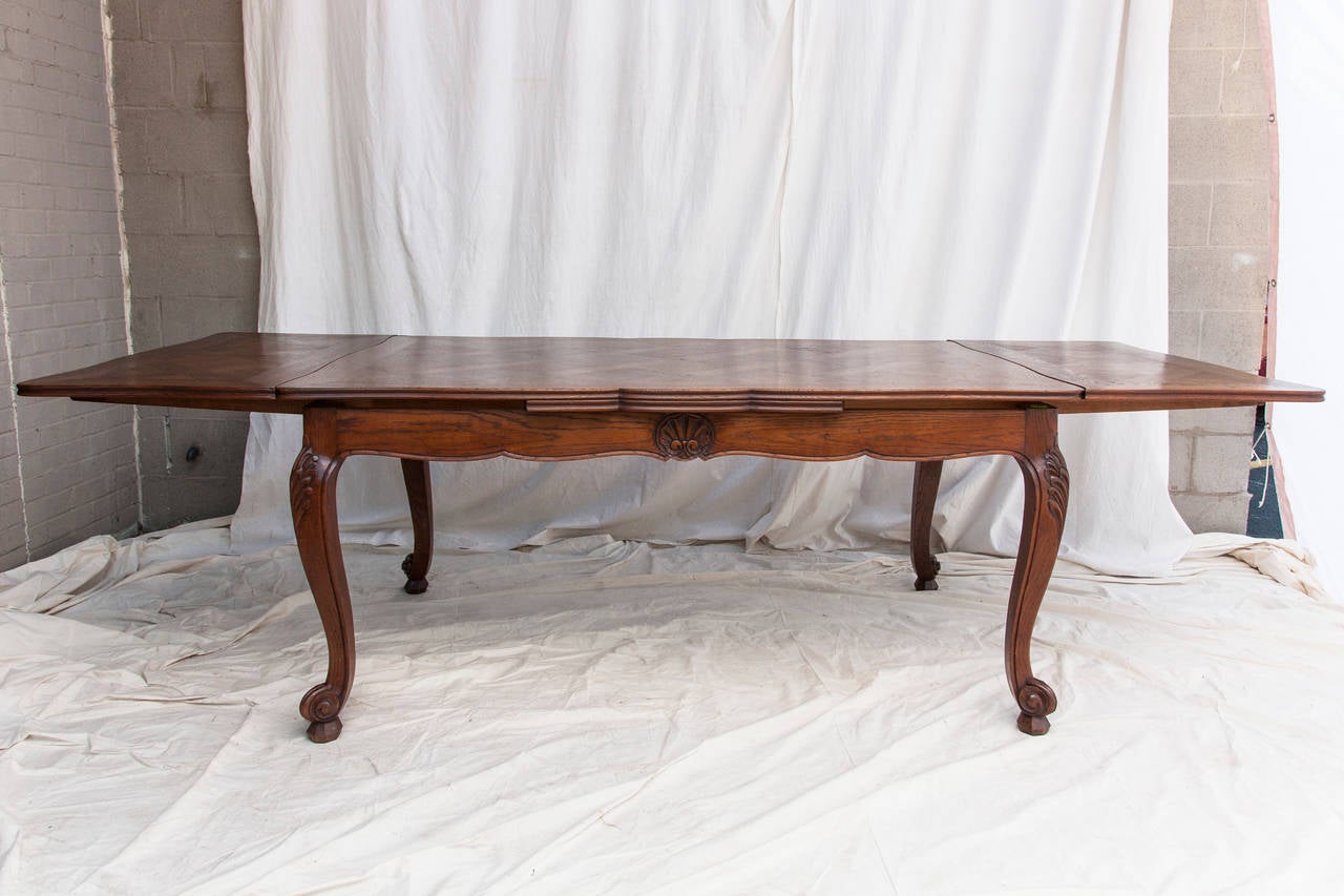 Hand-Carved French Draw-Leaf Table with Parquet Top and Beveled Edge 1