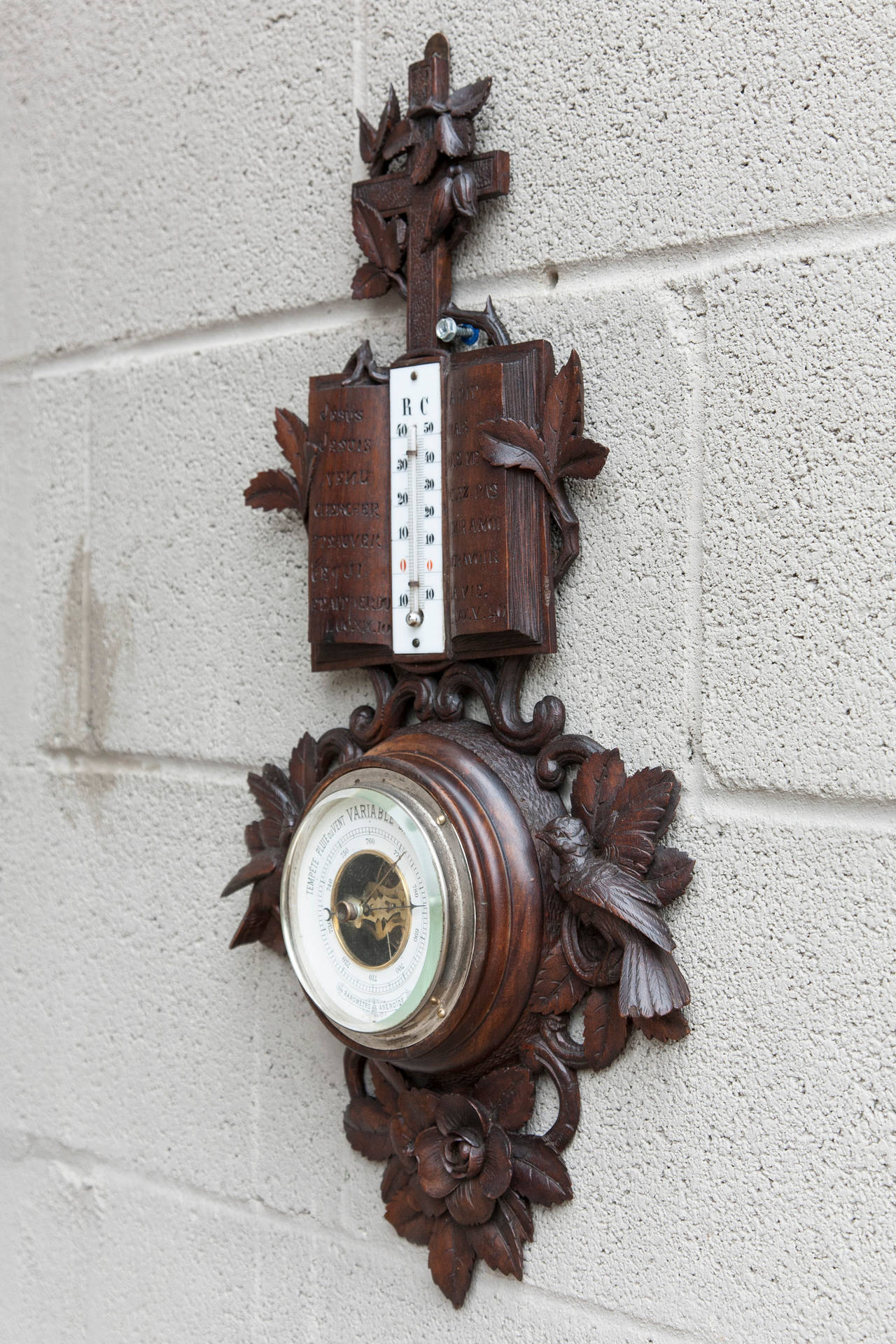 French Hand-Carved Black Forest Barometer with Thermometer 5