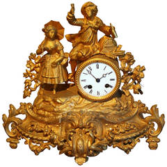 Antique Napoleon III Era Regule Doré Gilt Bronze Mantle Clock with Courting Couple
