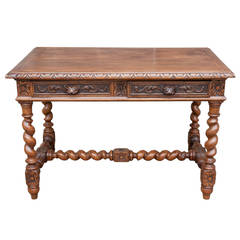 19th Century Louis XIII Hand-Carved Desk or Writing Table with Two Drawers
