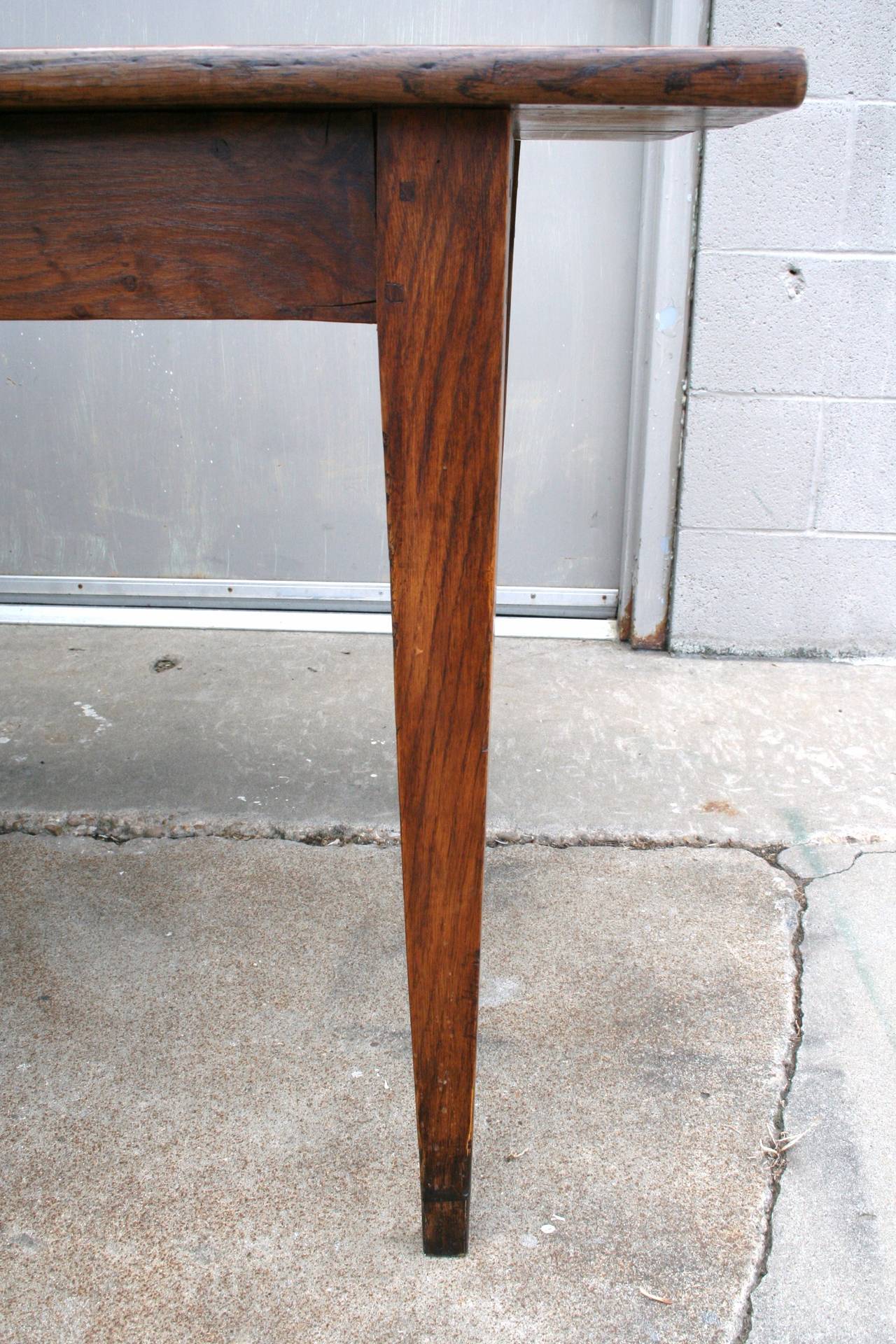 19th Century French Hand Pegged Oak Farm Table with Drawer