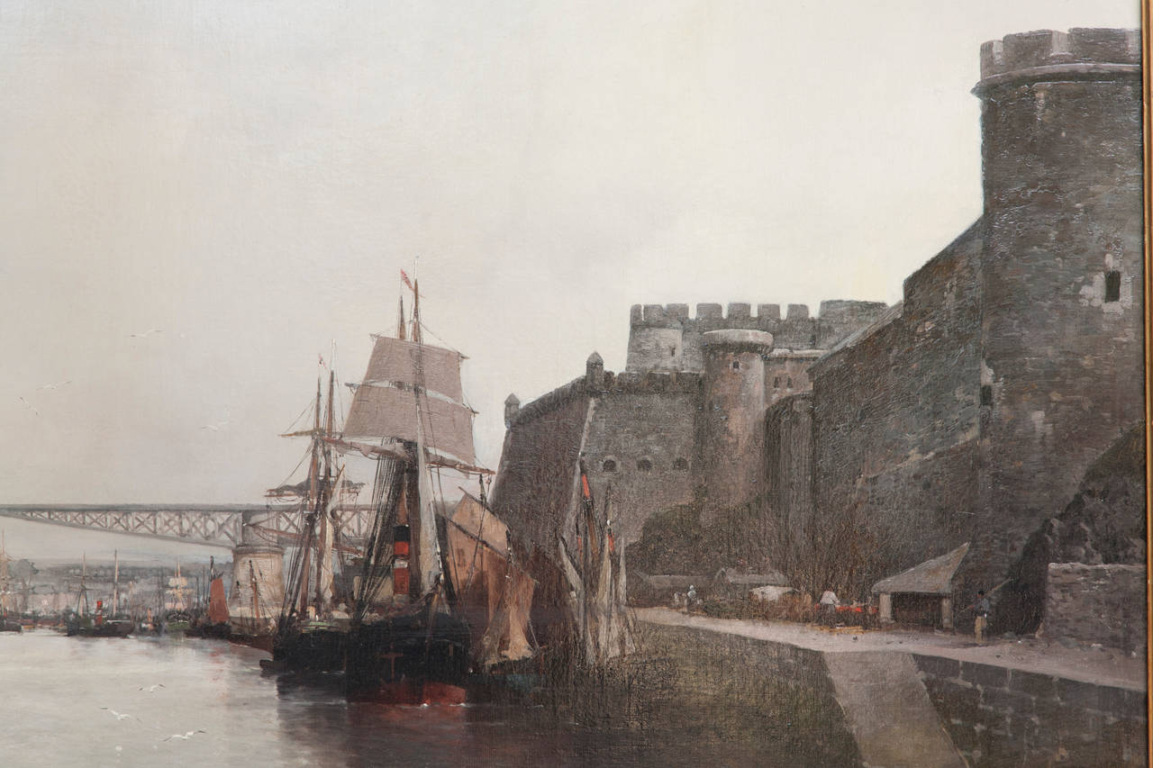 This museum quality intricately painted scene, in the academic tradition, features ships entering and leaving the large stone fort at the Port of Brest in France. This oil on canvas is in its original carved giltwood frame which extends nearly 6