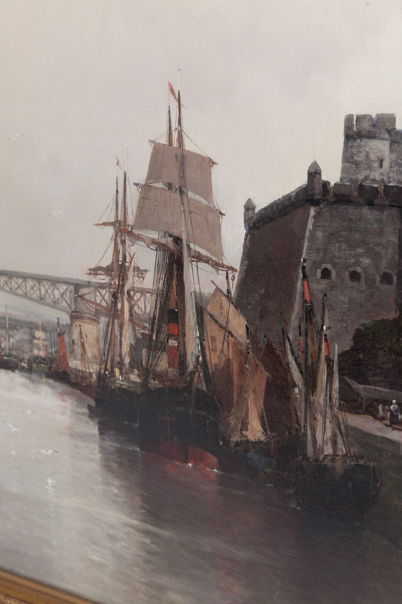 Large-Scale Oil on Linen Ship Scene of the Port of Brest, Signed, circa 1910 2