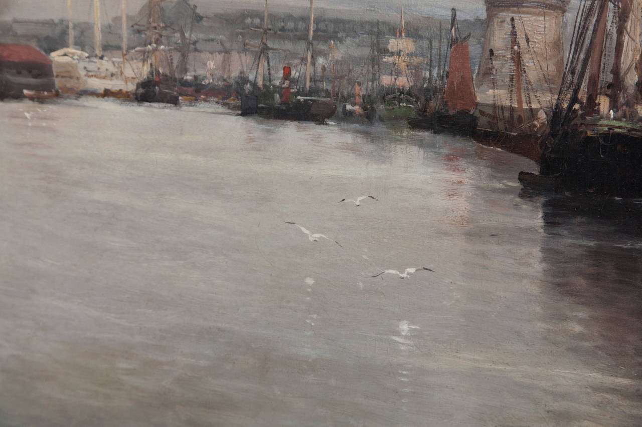 Large-Scale Oil on Linen Ship Scene of the Port of Brest, Signed, circa 1910 3