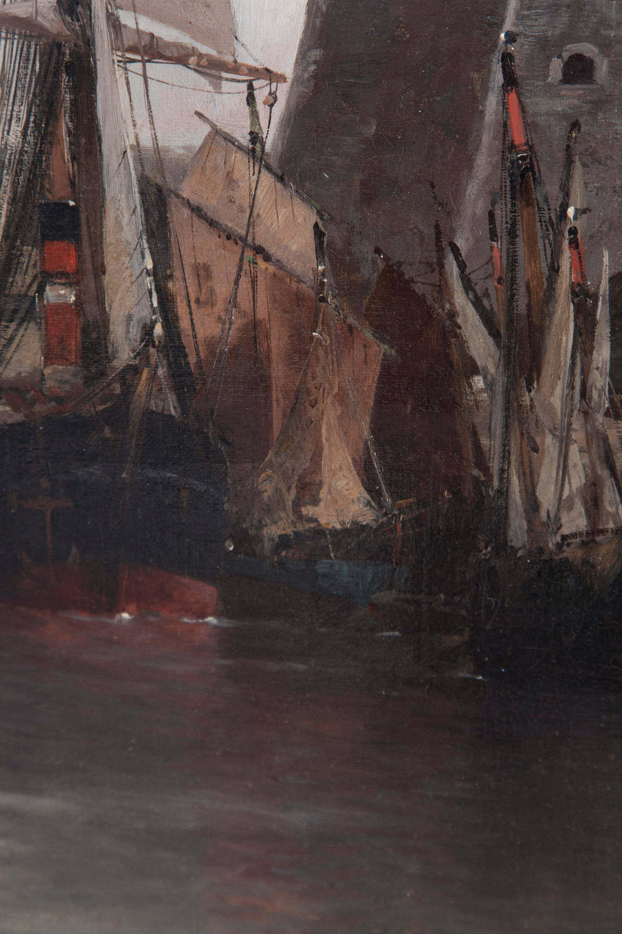 Paint Large-Scale Oil on Linen Ship Scene of the Port of Brest, Signed, circa 1910