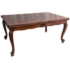 Hand-Carved French Draw-Leaf Table with Parquet Top and Beveled Edge