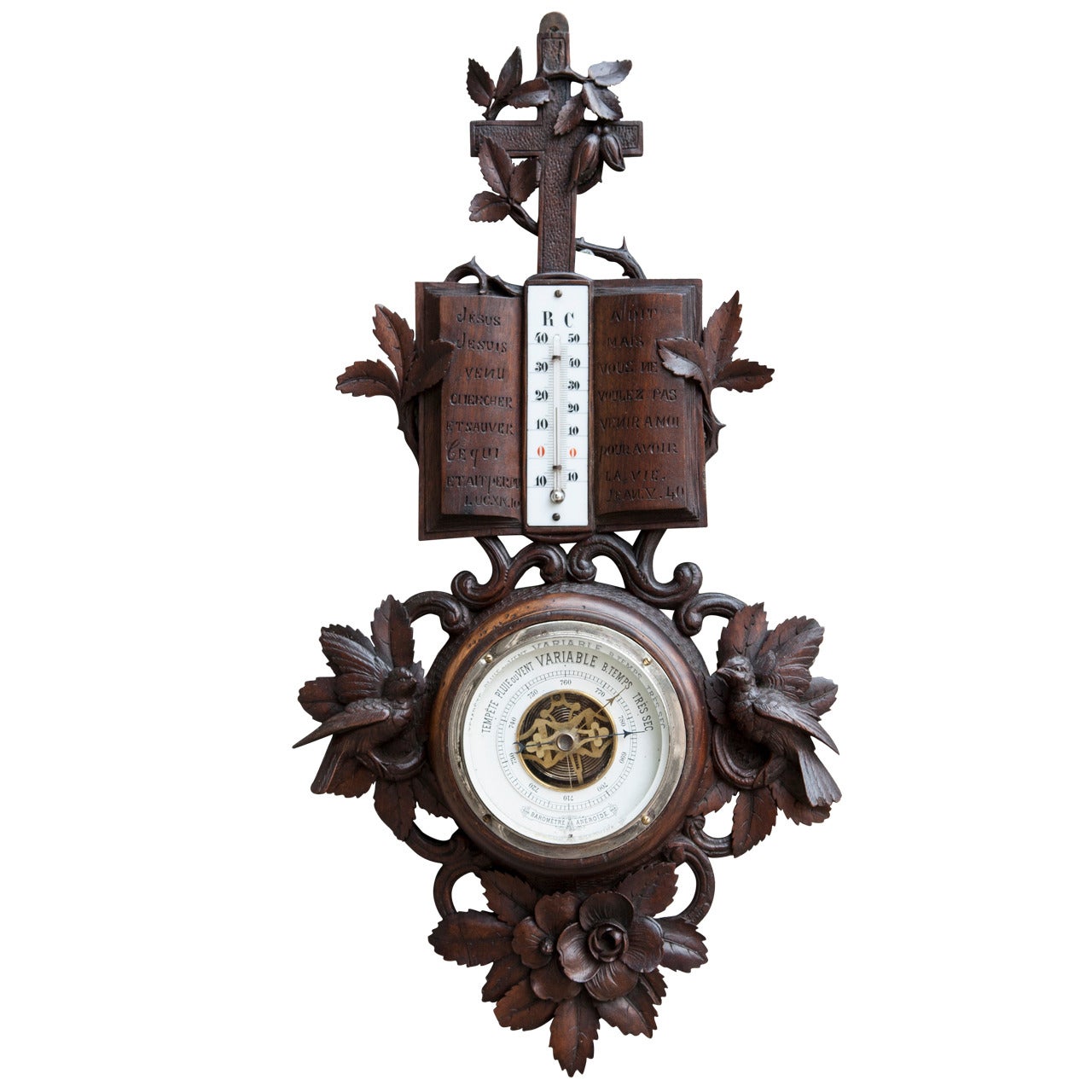 French Hand-Carved Black Forest Barometer with Thermometer