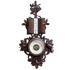 Antique French Hand-Carved Black Forest Barometer with Thermometer