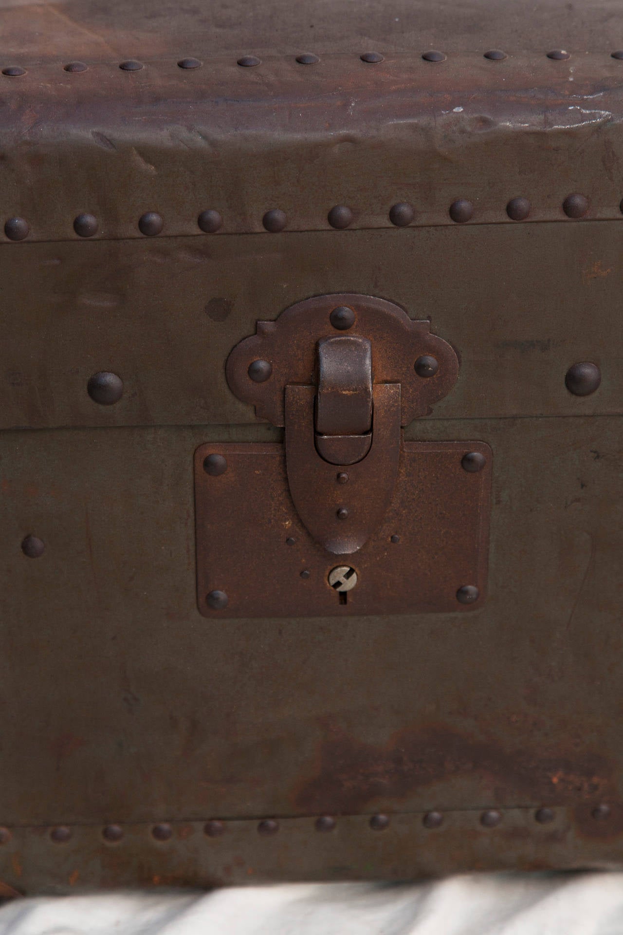Riveted Metal Traveling Trunk with Wooden Runners