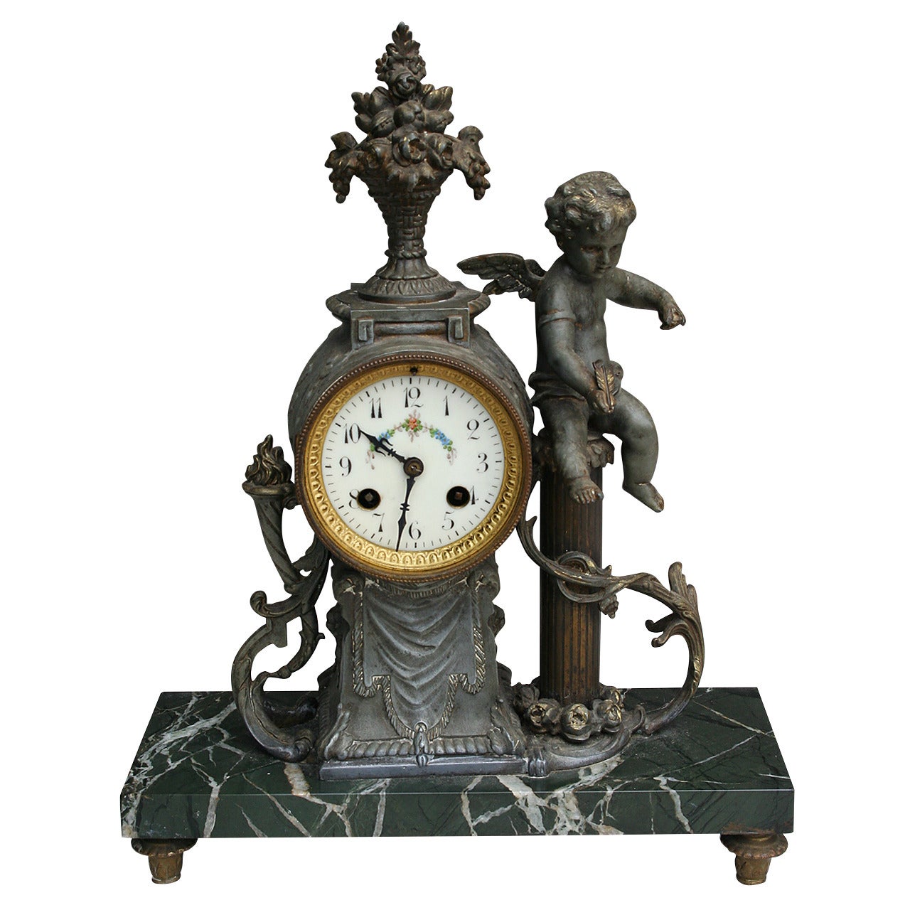 Bronze and Onyx Mantle Clock Featuring Cherub and Bouquet