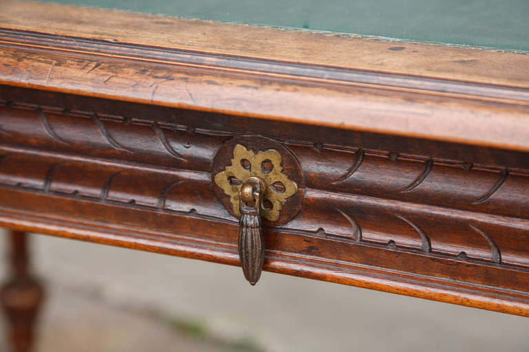 Nineteenth Century French Henri II Desk with Gold Tooled Green Leather Top