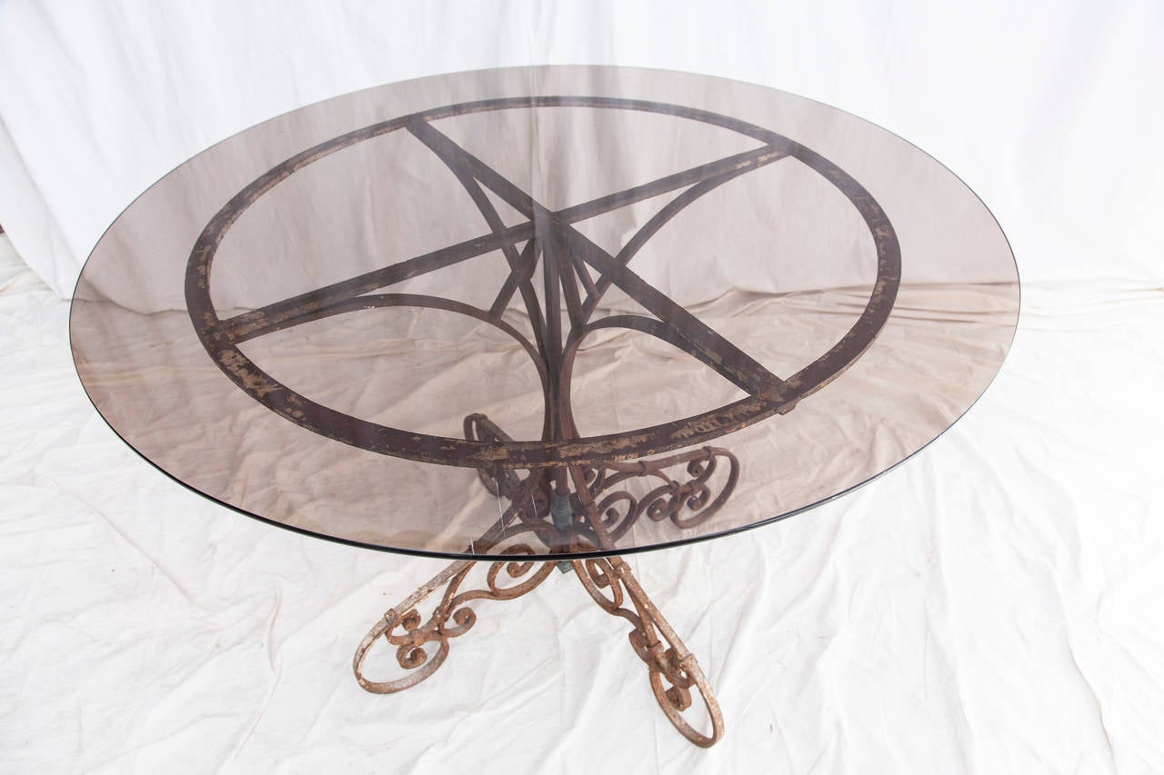 19th Century French Hand-Forged, Aged Iron Table with Smoked Glass 1