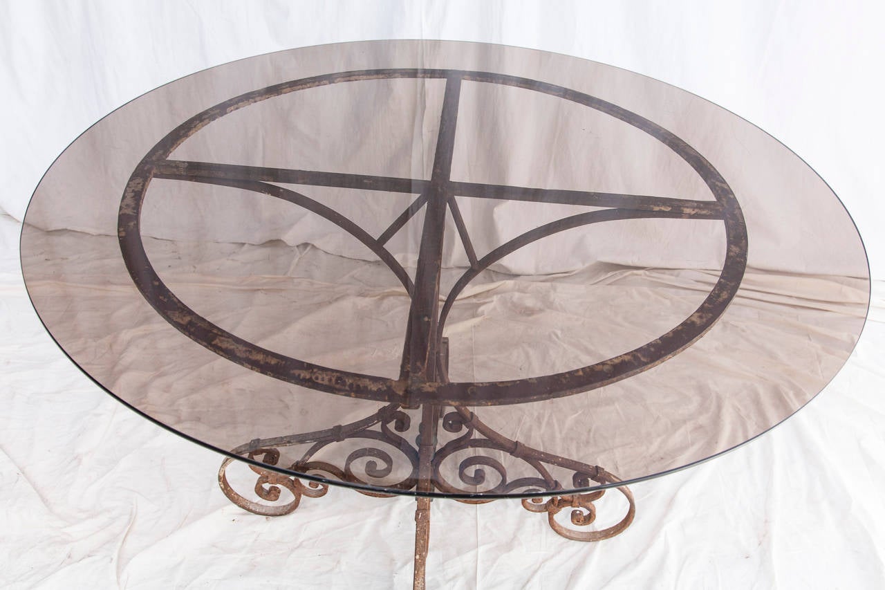 19th Century French Hand-Forged, Aged Iron Table with Smoked Glass 5