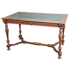 Nineteenth Century French Henri II Desk with Gold Tooled Green Leather Top
