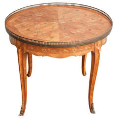 Transitional Round Marquetry Coffee or Cocktail Table in Floral Motif with Bronze Accents