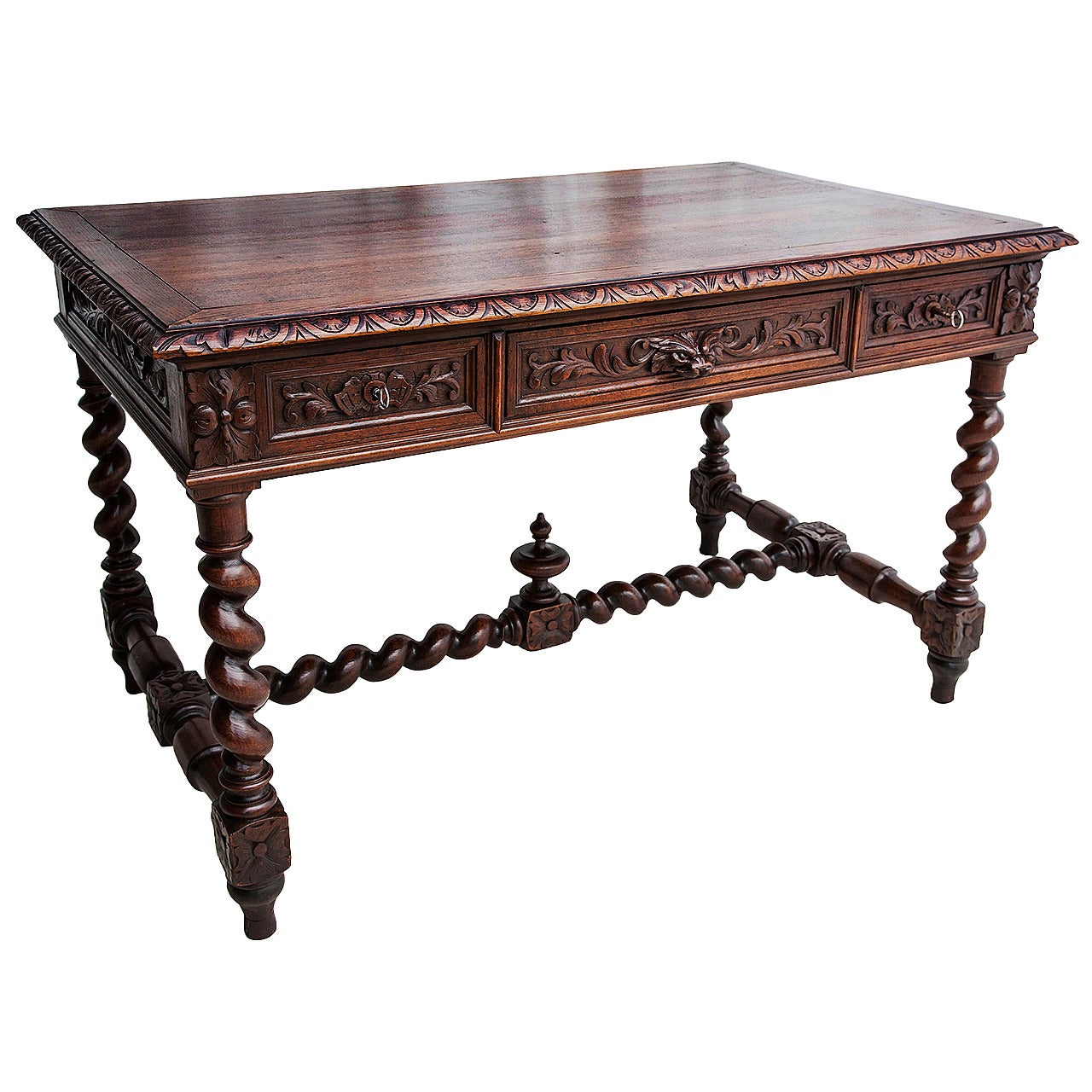 19th Century French Handcarved Louis XIII Desk with Three Drawers