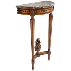 Antique 19th Century French Louis XVI Style Carved Walnut Marble Top Demi-lune Console