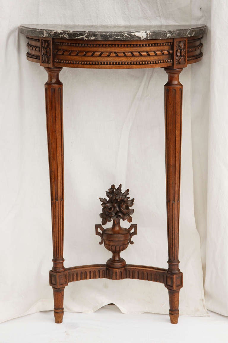 19th Century French Louis XVI Style Carved Walnut Marble Top Demi-lune Console In Excellent Condition In Fayetteville, AR