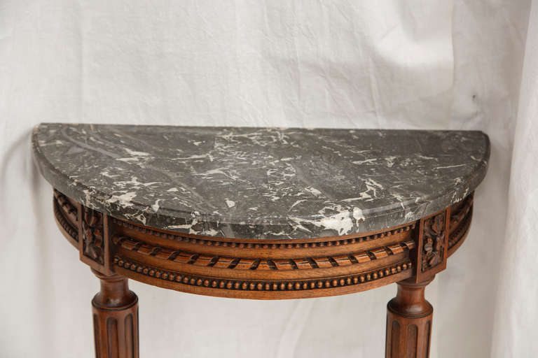 19th Century French Louis XVI Style Carved Walnut Marble Top Demi-lune Console 2