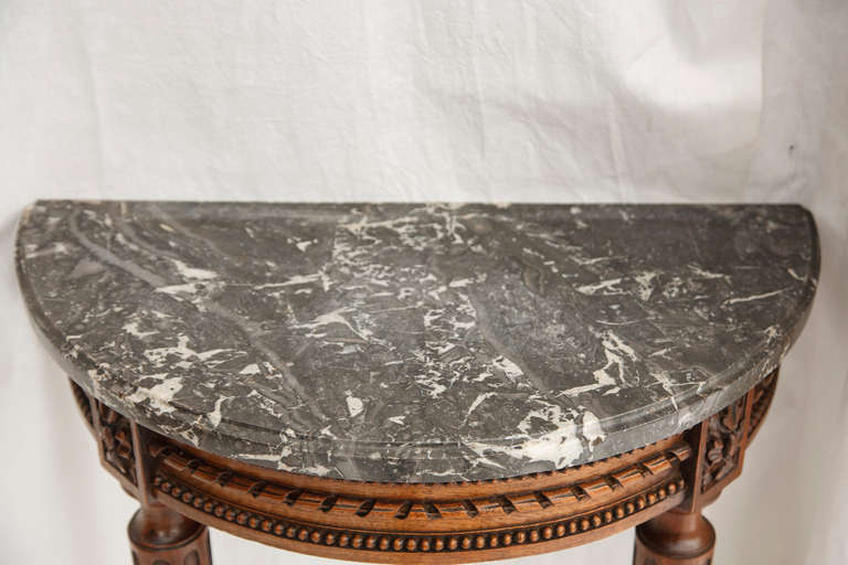 19th Century French Louis XVI Style Carved Walnut Marble Top Demi-lune Console 3